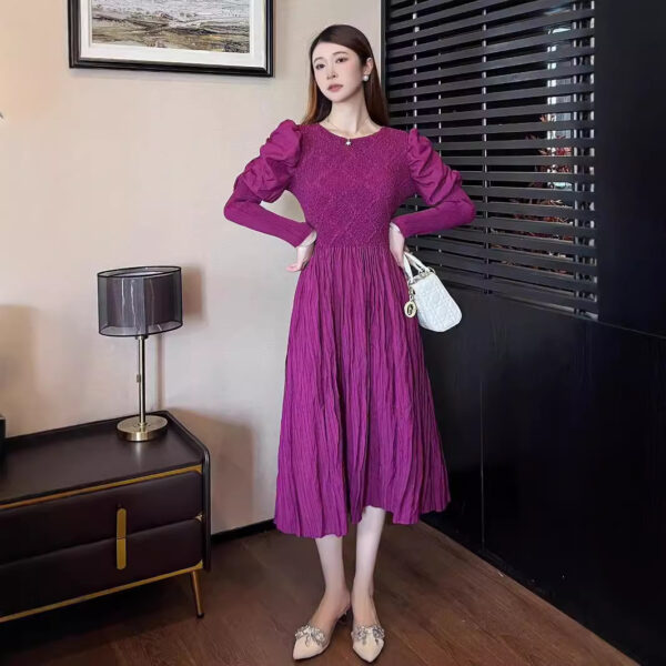 Round Neck Slimming Long Sleeve Solid Color Dress - Image 3