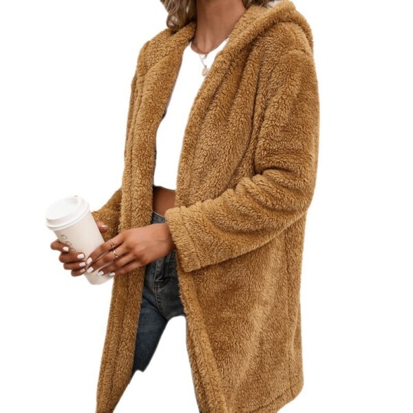 Lamb Wool Mid-length Cardigan Hooded Trench Coat - Image 2