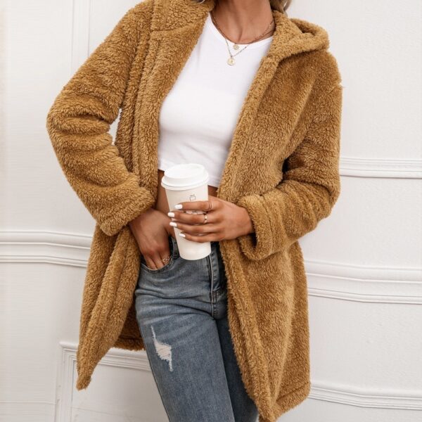 Lamb Wool Mid-length Cardigan Hooded Trench Coat - Image 4