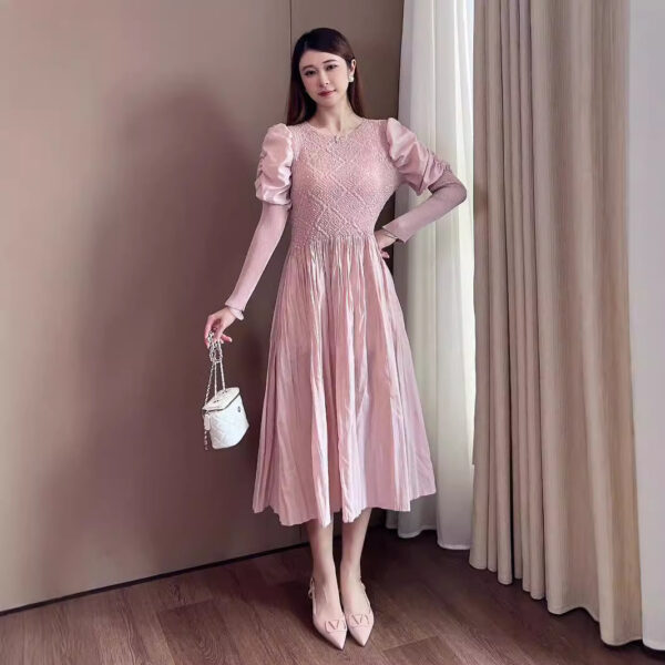 Round Neck Slimming Long Sleeve Solid Color Dress