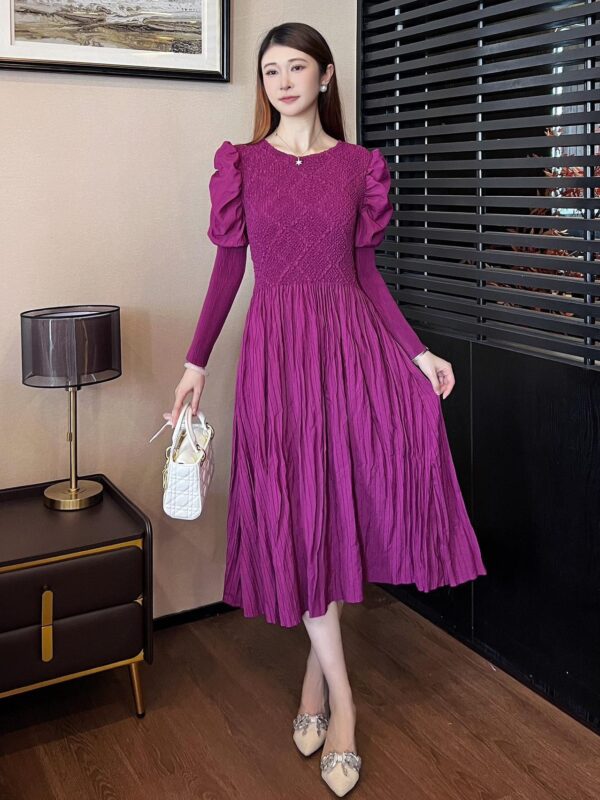 Round Neck Slimming Long Sleeve Solid Color Dress - Image 7