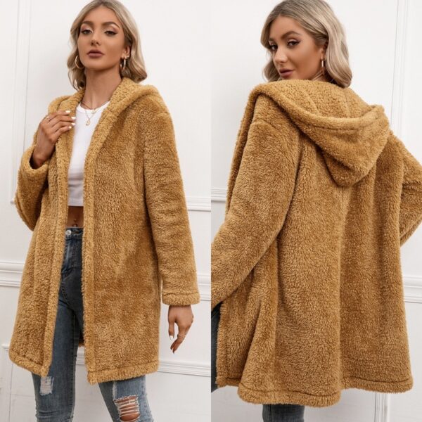 Lamb Wool Mid-length Cardigan Hooded Trench Coat